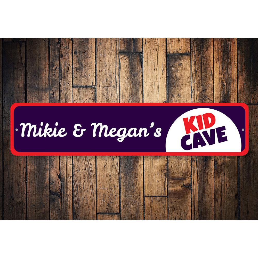 Colorful Kids Cave Sign made of durable aluminum, featuring customizable text for a personalized touch in a child's room.