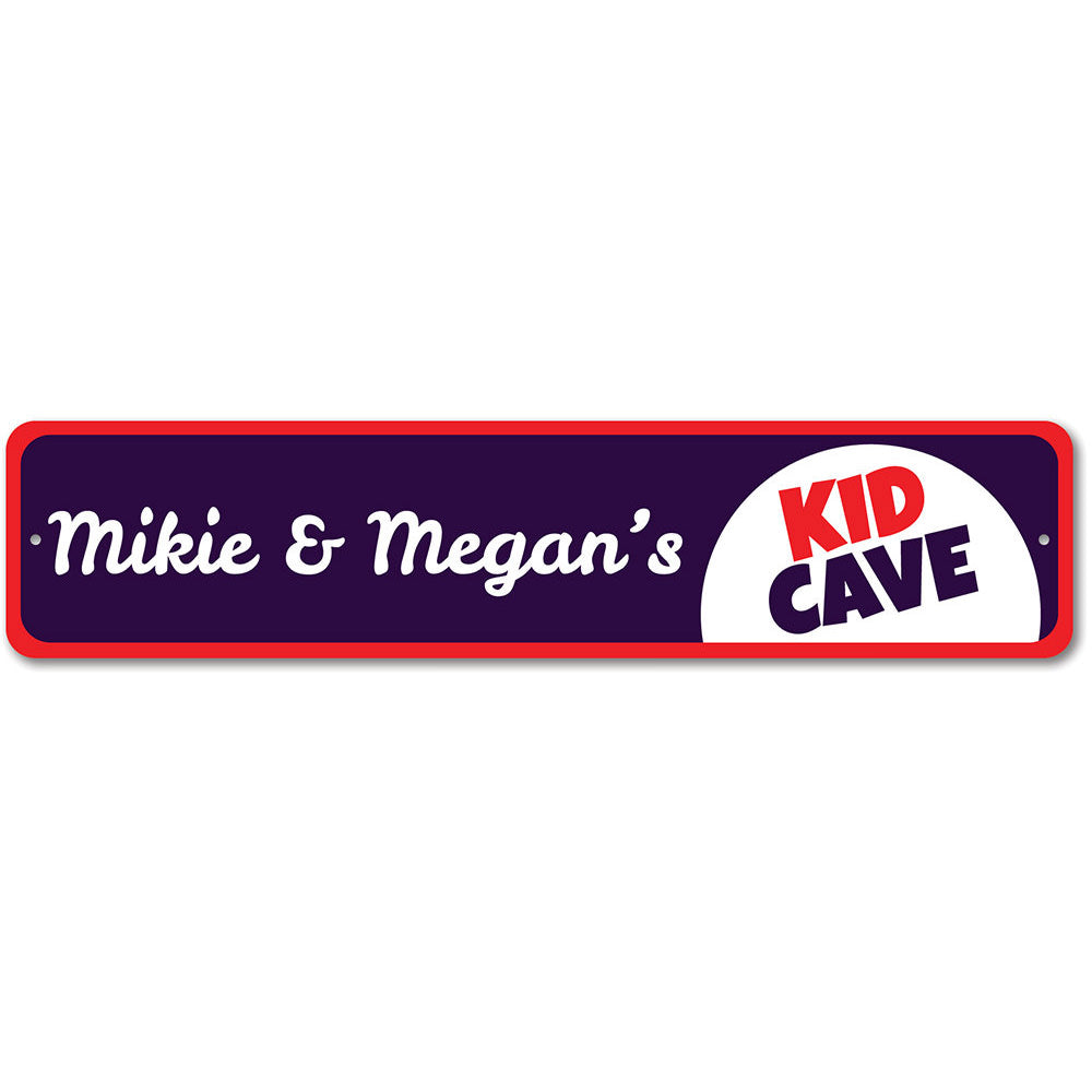 Colorful Kids Cave Sign made of durable aluminum, featuring customizable text for a personalized touch in a child's room.