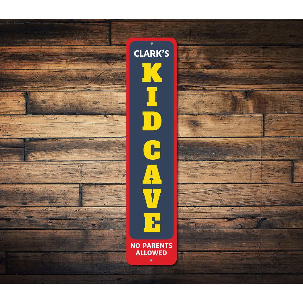 Kids Cave Vertical Sign made of durable aluminum, featuring customizable text and vibrant colors, perfect for children's room decor.