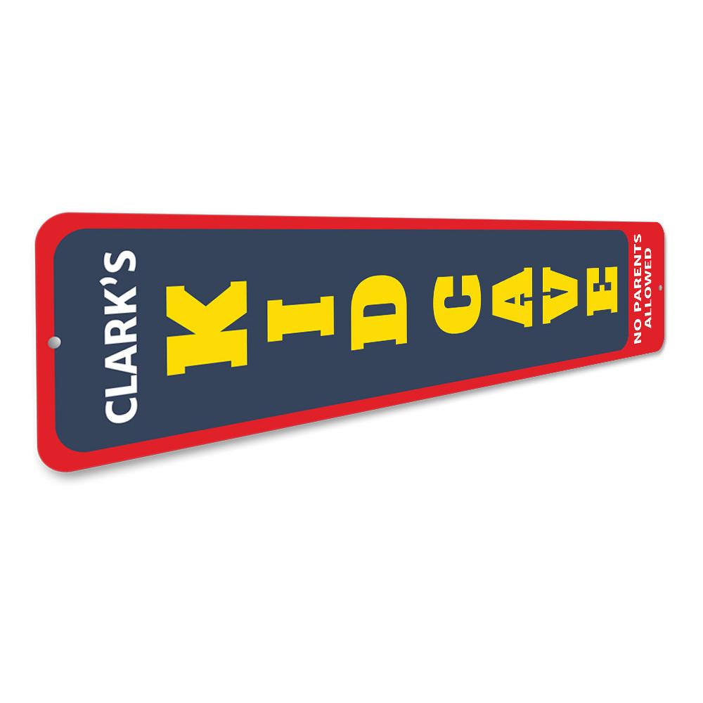 Kids Cave Vertical Sign made of durable aluminum, featuring customizable text and vibrant colors, perfect for children's room decor.