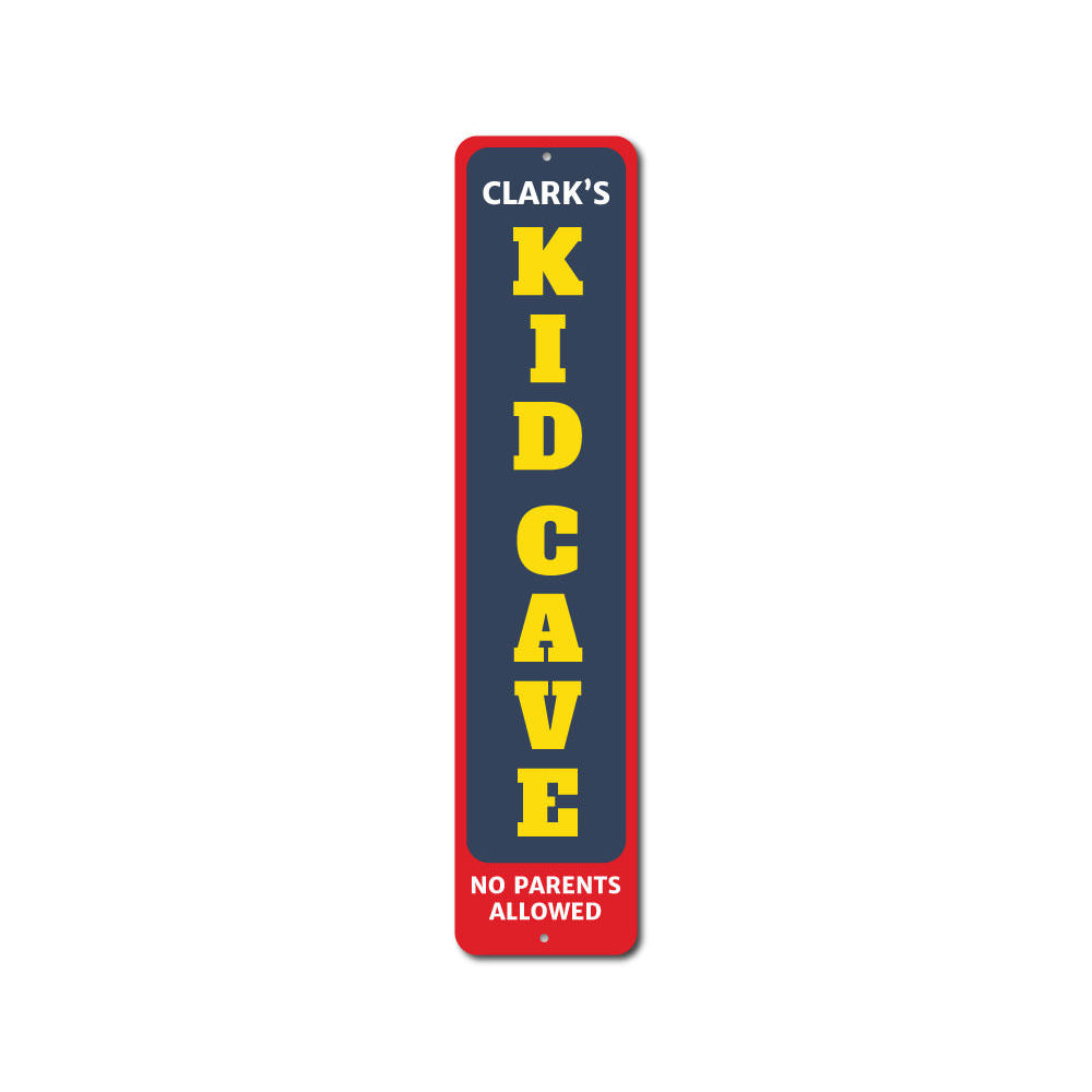 Kids Cave Vertical Sign made of durable aluminum, featuring customizable text and vibrant colors, perfect for children's room decor.