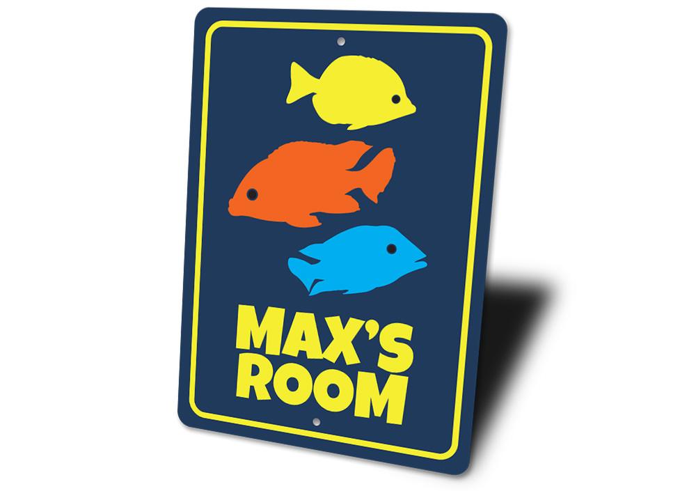 Colorful Kids Fish Sign made of durable aluminum, featuring playful fish designs, perfect for children's rooms.