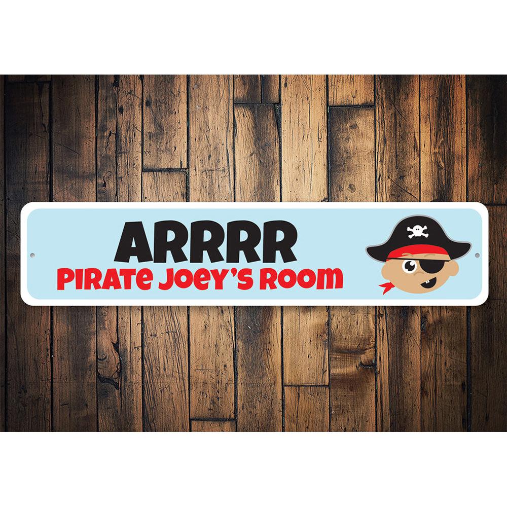 Colorful Kids Pirate Sign featuring playful pirate-themed graphics, perfect for children's room decor.