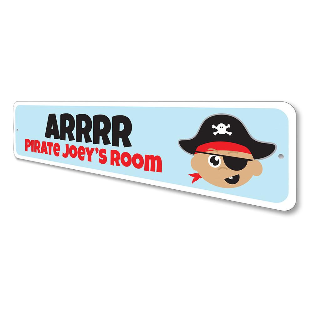 Colorful Kids Pirate Sign featuring playful pirate-themed graphics, perfect for children's room decor.