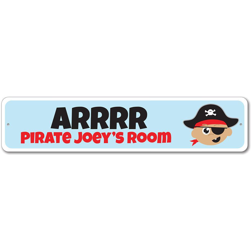 Colorful Kids Pirate Sign featuring playful pirate-themed graphics, perfect for children's room decor.