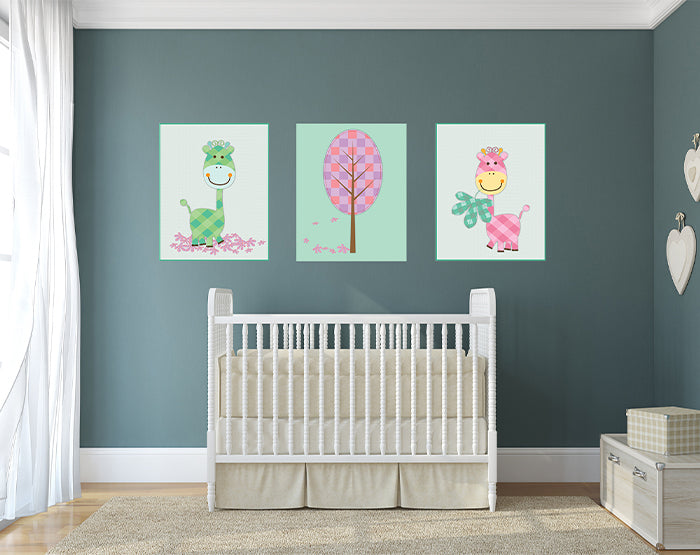 Set of 3 colorful vinyl wall decals for kids' room decor, featuring playful designs suitable for various smooth surfaces.