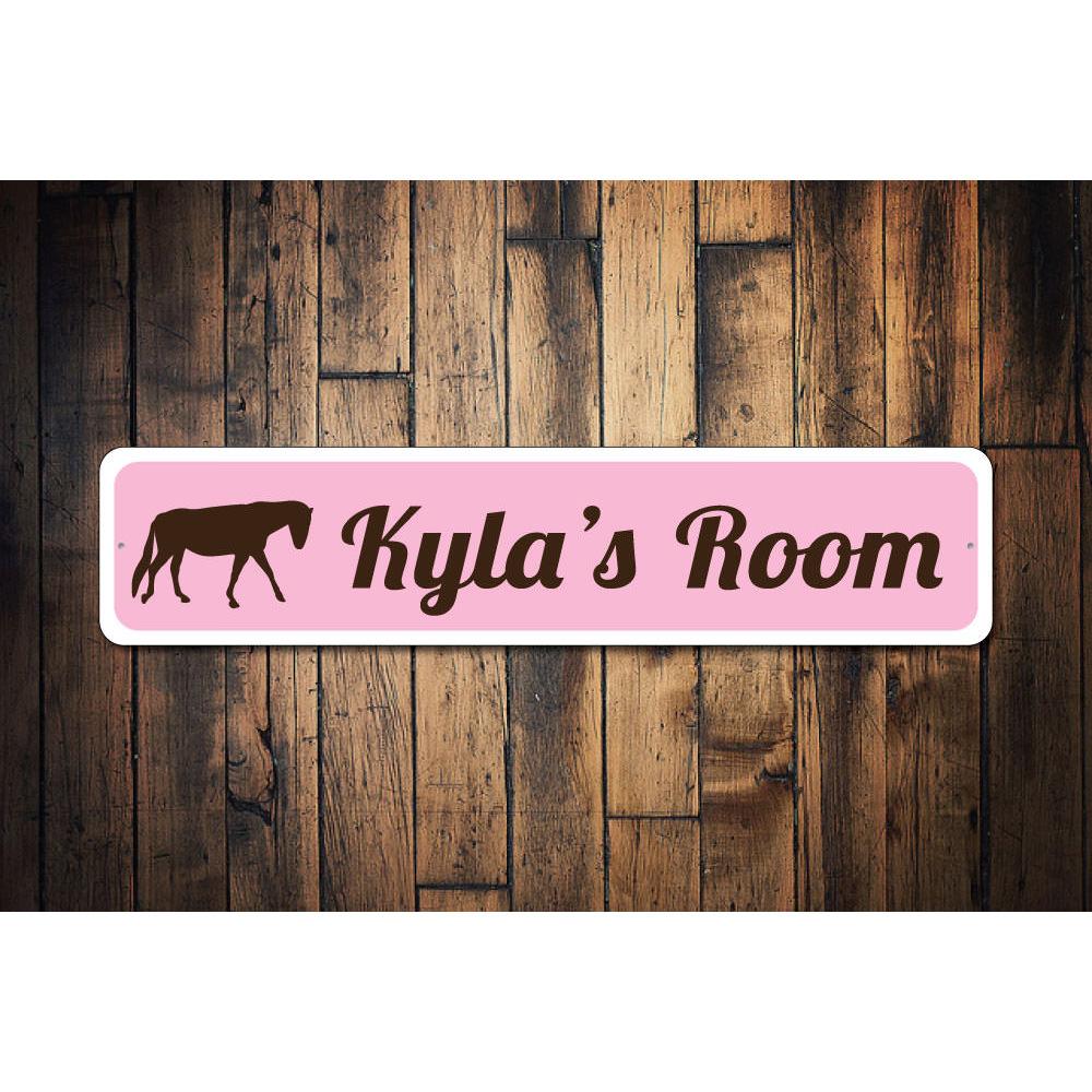 A colorful Kids Room Horse Sign made of durable aluminum, featuring a playful horse design, perfect for decorating children's rooms.