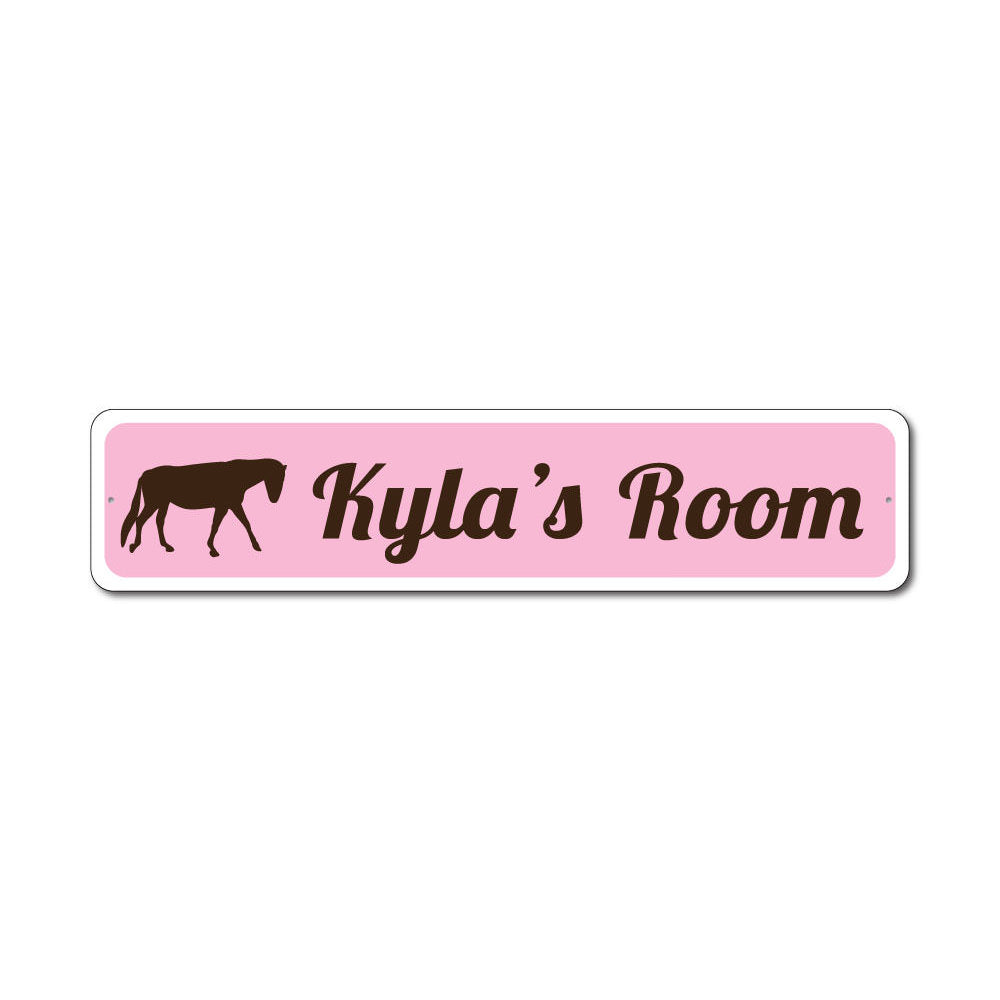 A colorful Kids Room Horse Sign made of durable aluminum, featuring a playful horse design, perfect for decorating children's rooms.