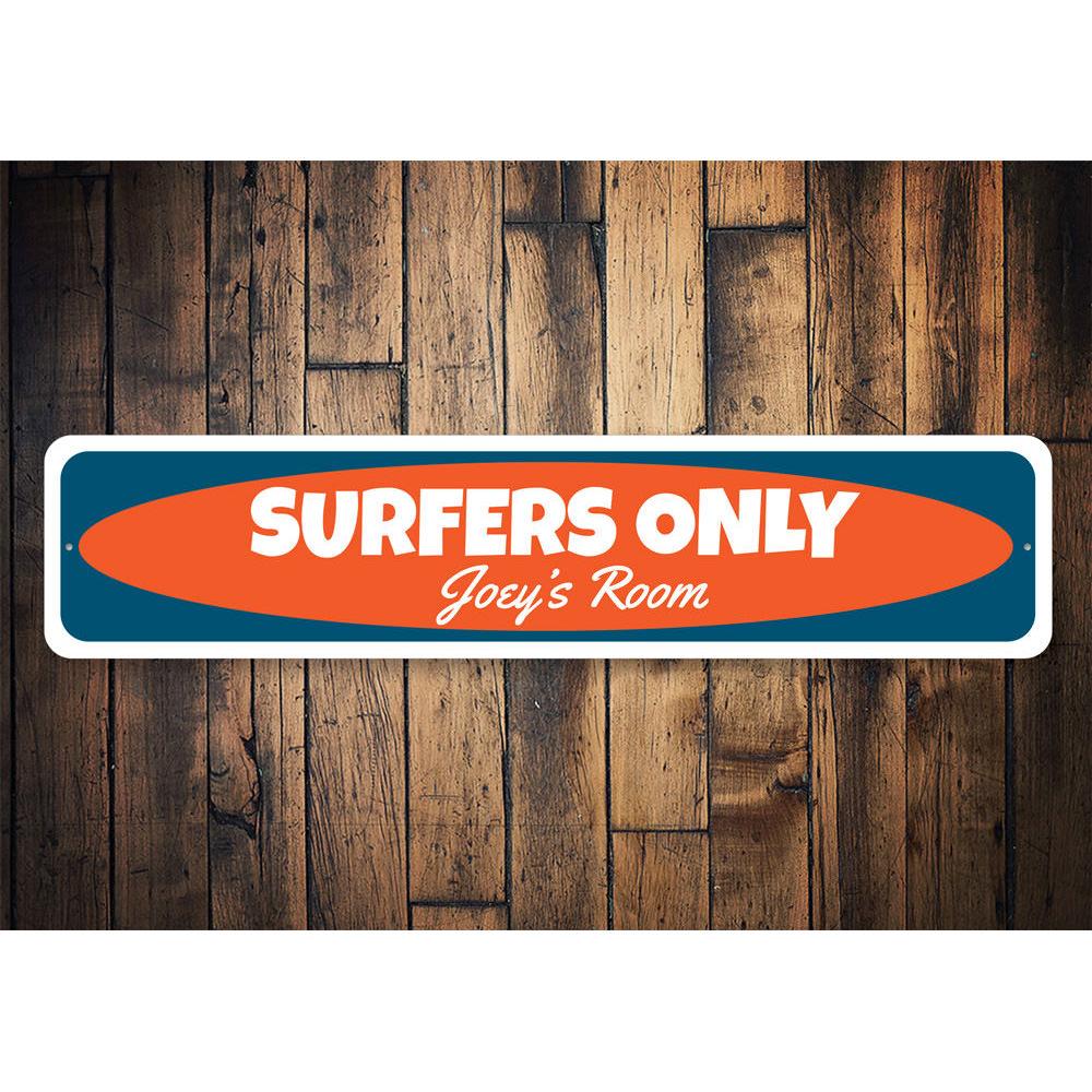 Colorful Kids Room Surfer Sign made of durable aluminum, featuring a fun surfer design perfect for children's room decor.