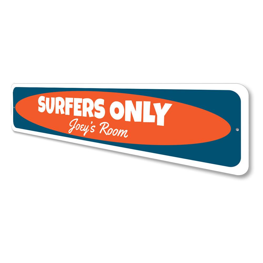 Colorful Kids Room Surfer Sign made of durable aluminum, featuring a fun surfer design perfect for children's room decor.