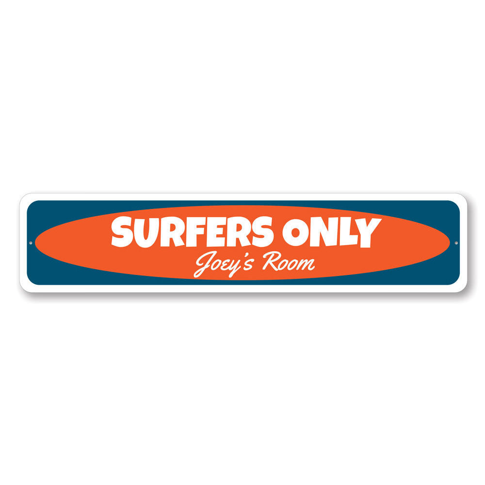 Colorful Kids Room Surfer Sign made of durable aluminum, featuring a fun surfer design perfect for children's room decor.