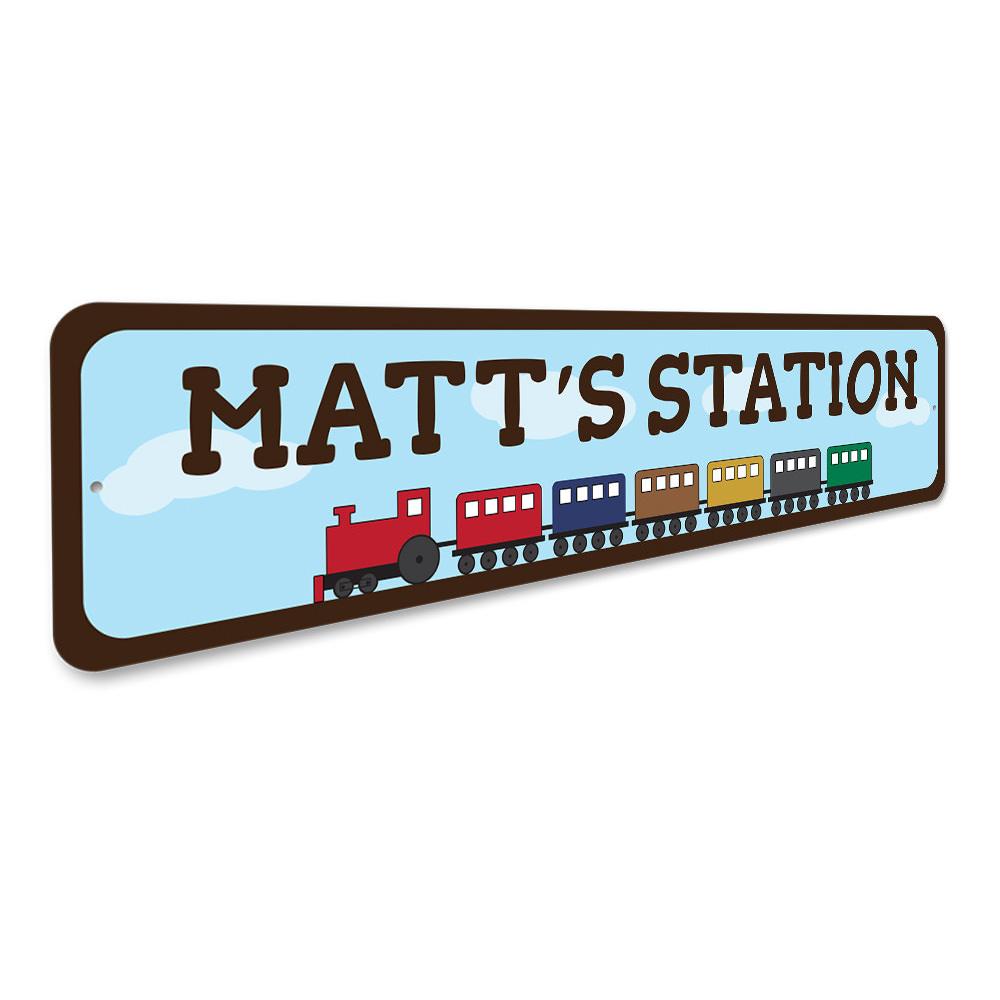 Colorful Kids Room Train Sign made of durable aluminum, featuring a train design, perfect for children's room decor.