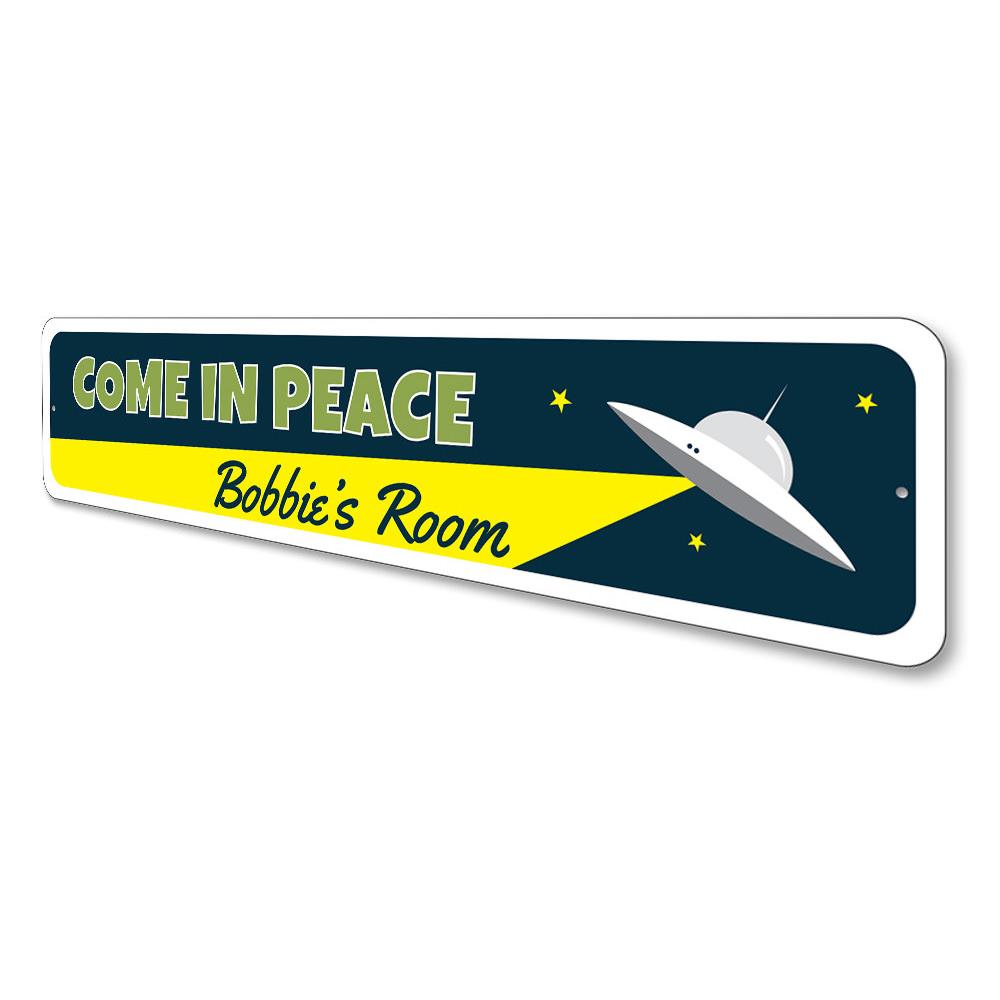 Colorful Kids Room UFO Sign made of aluminum, featuring a playful UFO design, perfect for children's room decor.