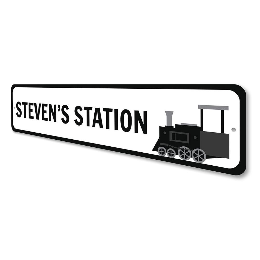 Colorful Kids Train Sign made of durable aluminum, featuring customizable text for a personal touch, perfect for children's rooms.