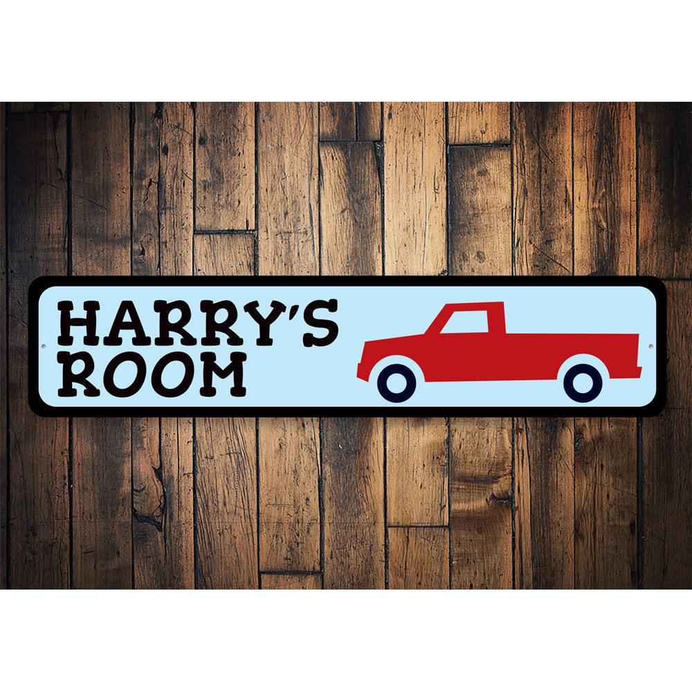 Colorful Kids Truck Sign made of durable aluminum, featuring customizable text for a personalized touch in a child's room.