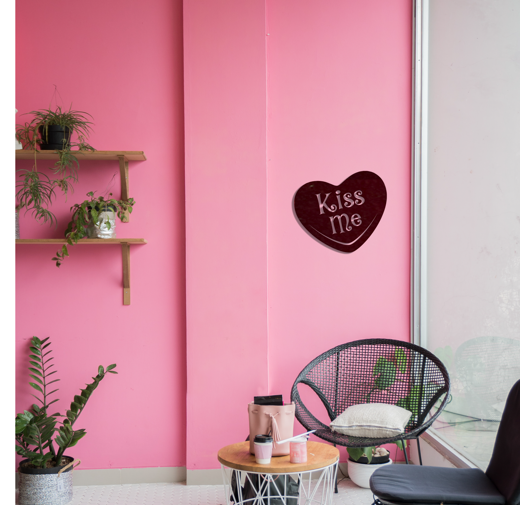 Kiss Me Candy Heart Metal Wall Art in a low gloss finish, showcasing a charming heart design perfect for expressing love.