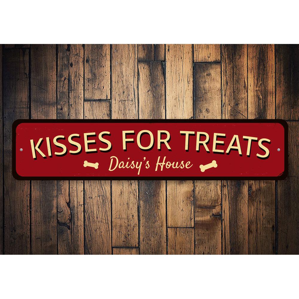 Kisses For Treats Sign made of aluminum, featuring a charming design suitable for home decor.