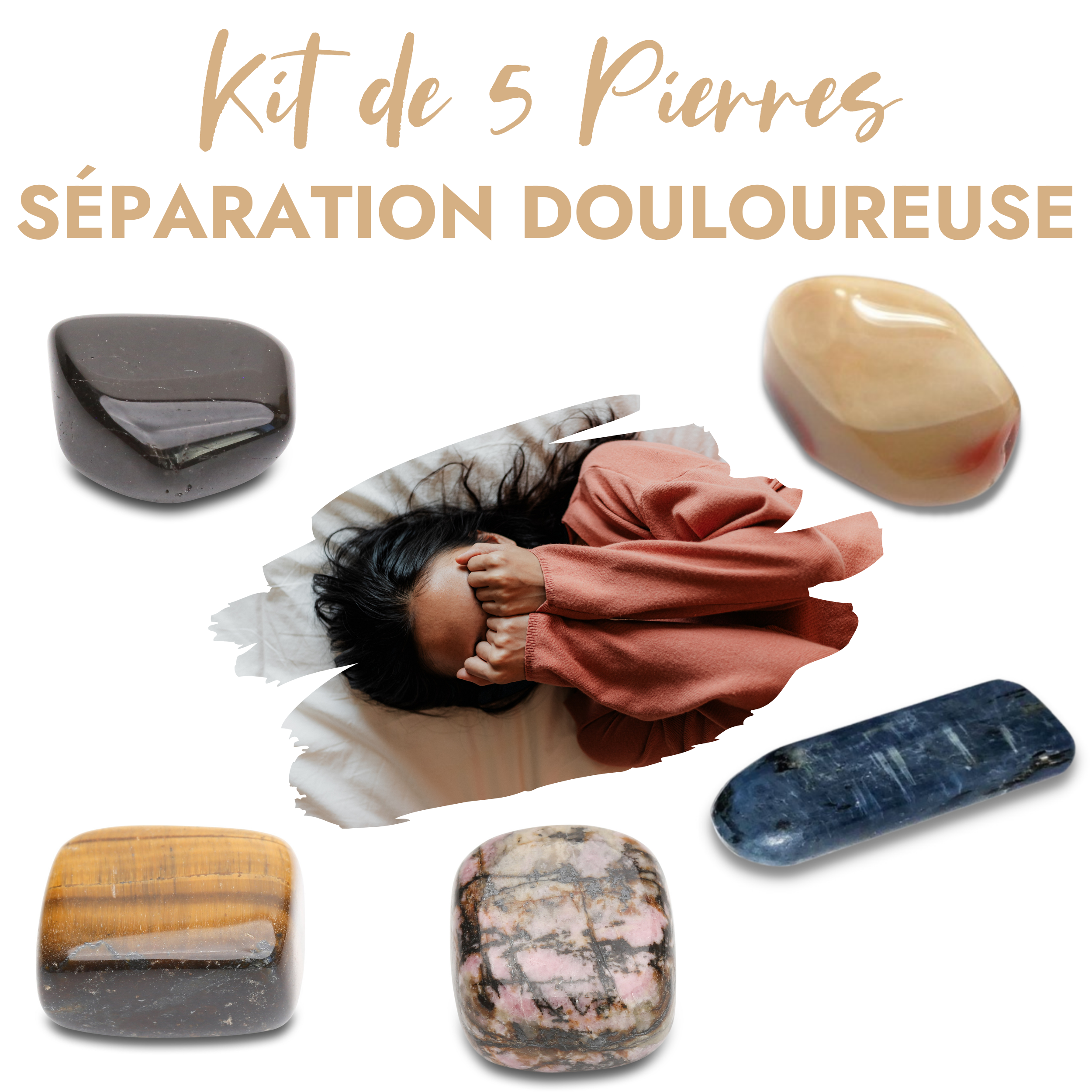 Kit de 5 pierres 'Séparation Douloureuse' comprenant Onyx Noir, Mookaïte, Kyanite, Œil de Tigre et Rhodonite, dans un pochon en tissu biologique.