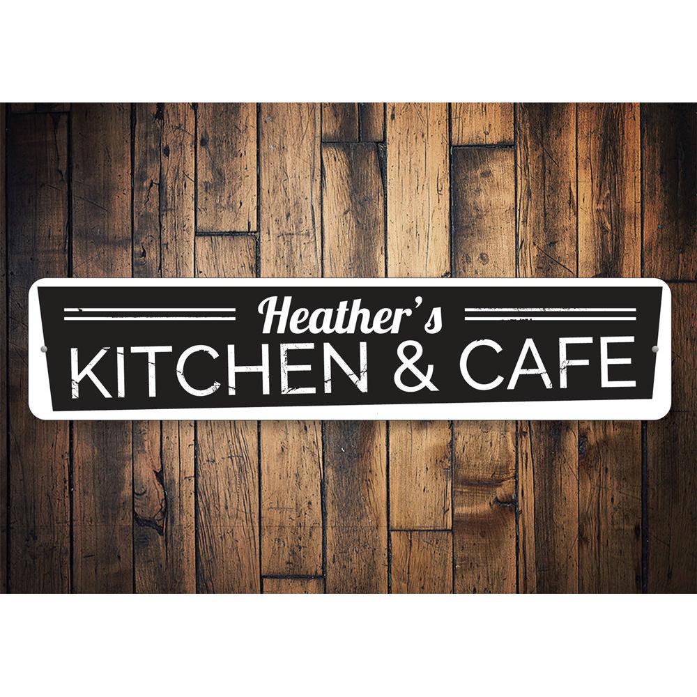 Customizable Kitchen and Cafe Sign made from high-quality aluminum, featuring pre-drilled holes for easy mounting.