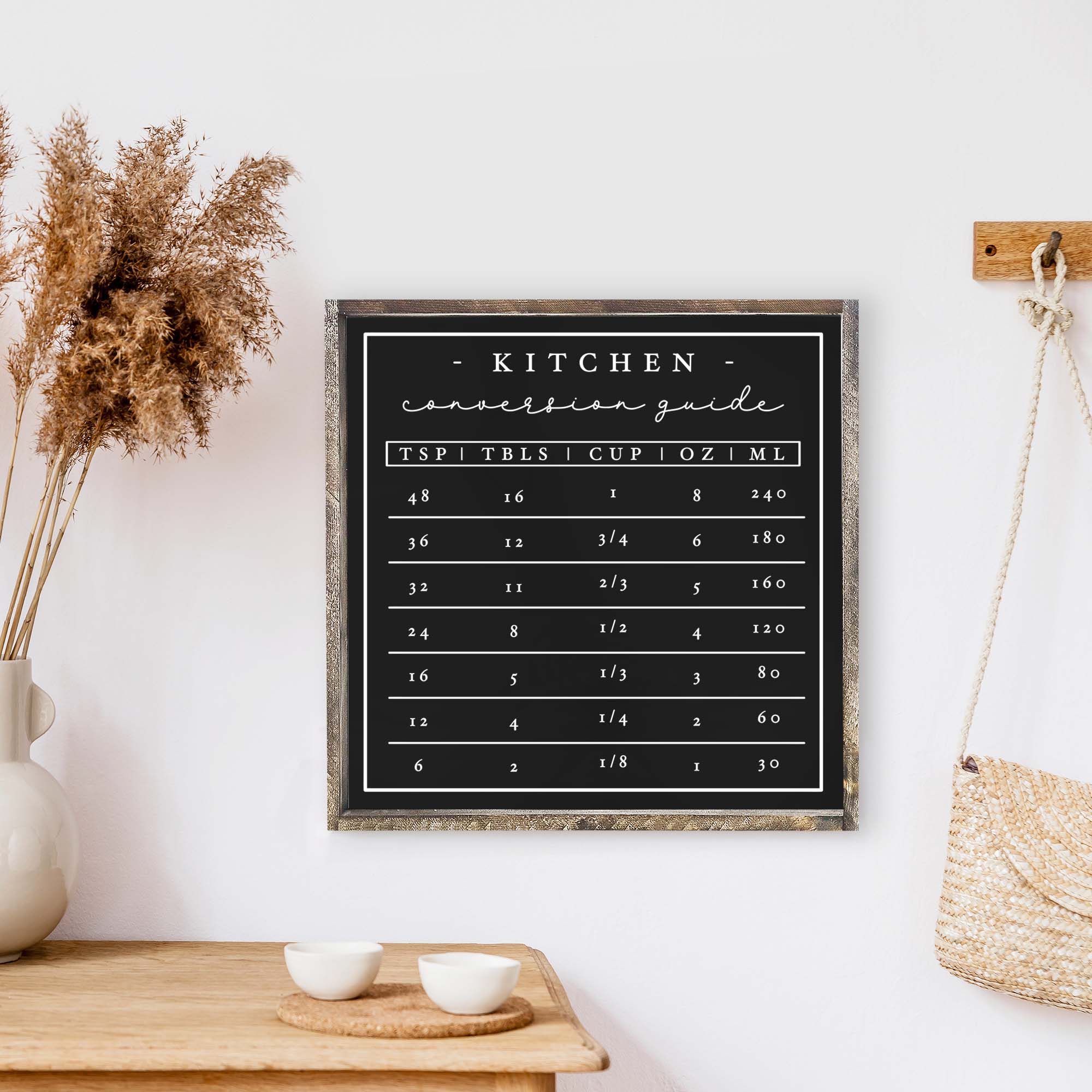 A beautifully crafted Kitchen Conversion Wood Sign measuring 13x13 inches, featuring a rustic wood stain finish on pine wood with waterproof black and white text.