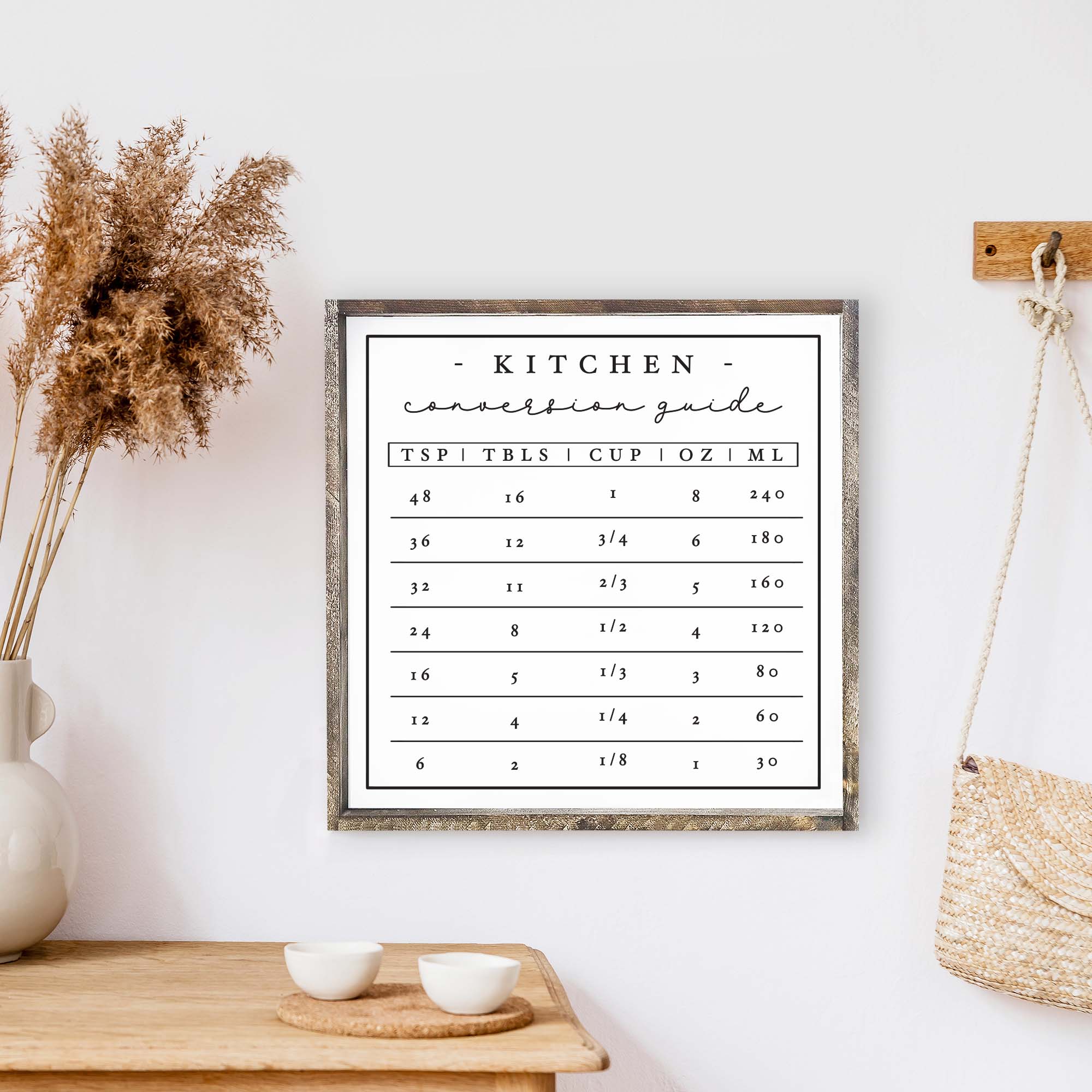 A beautifully crafted Kitchen Conversion Wood Sign measuring 13x13 inches, featuring a rustic wood stain finish on pine wood with waterproof black and white text.