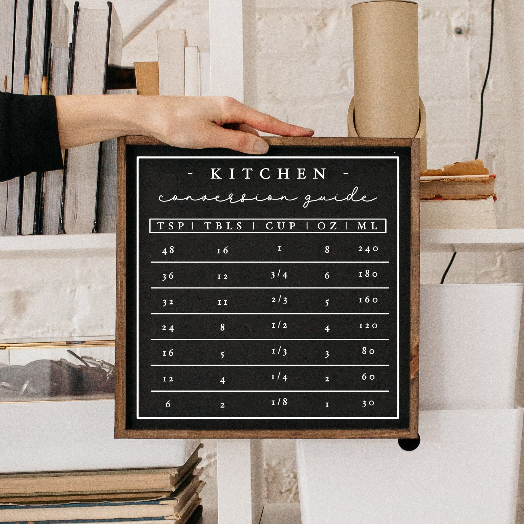 A beautifully crafted Kitchen Conversion Wood Sign measuring 13x13 inches, featuring a rustic wood stain finish on pine wood with waterproof black and white text.