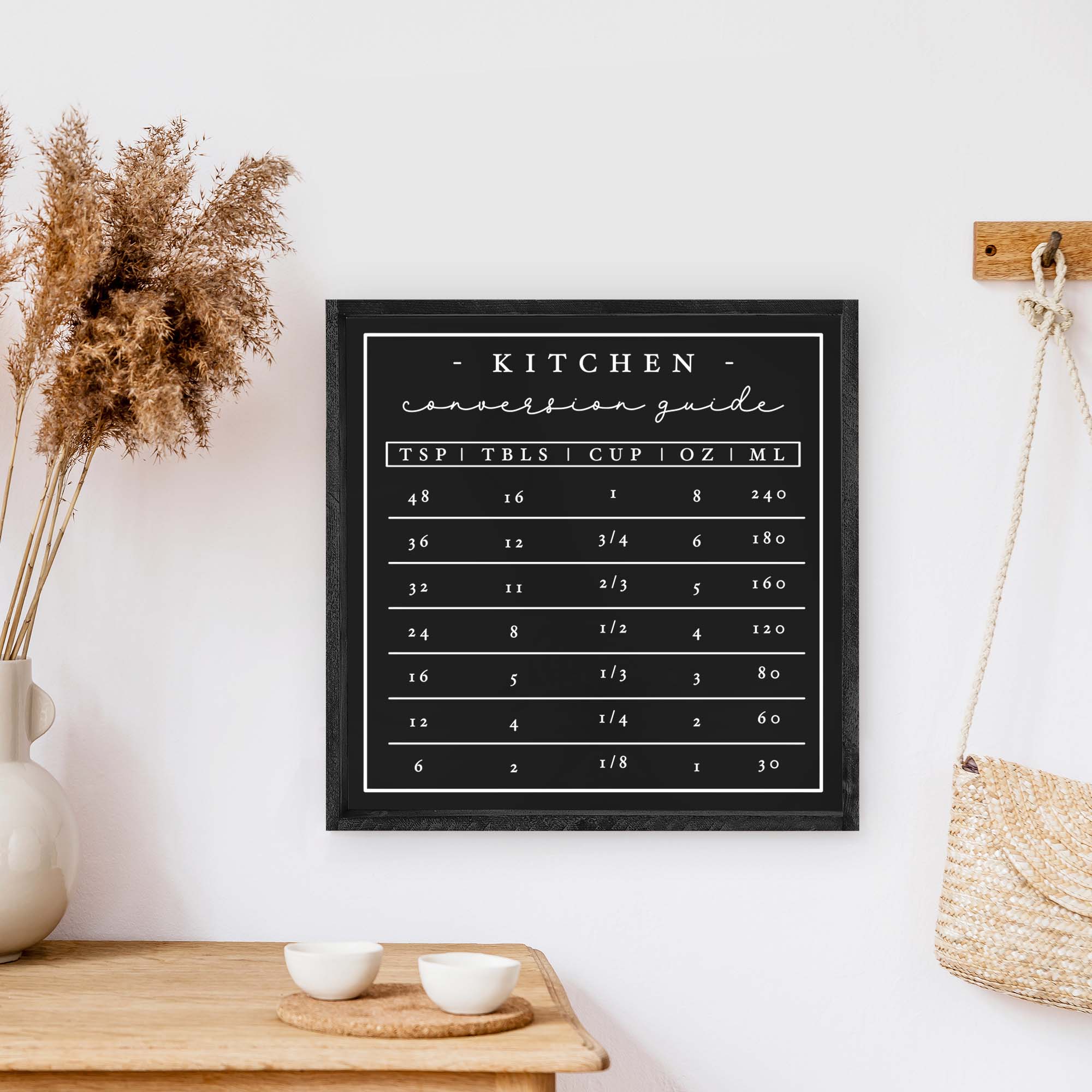 A beautifully crafted Kitchen Conversion Wood Sign measuring 13x13 inches, featuring a rustic wood stain finish on pine wood with waterproof black and white text.