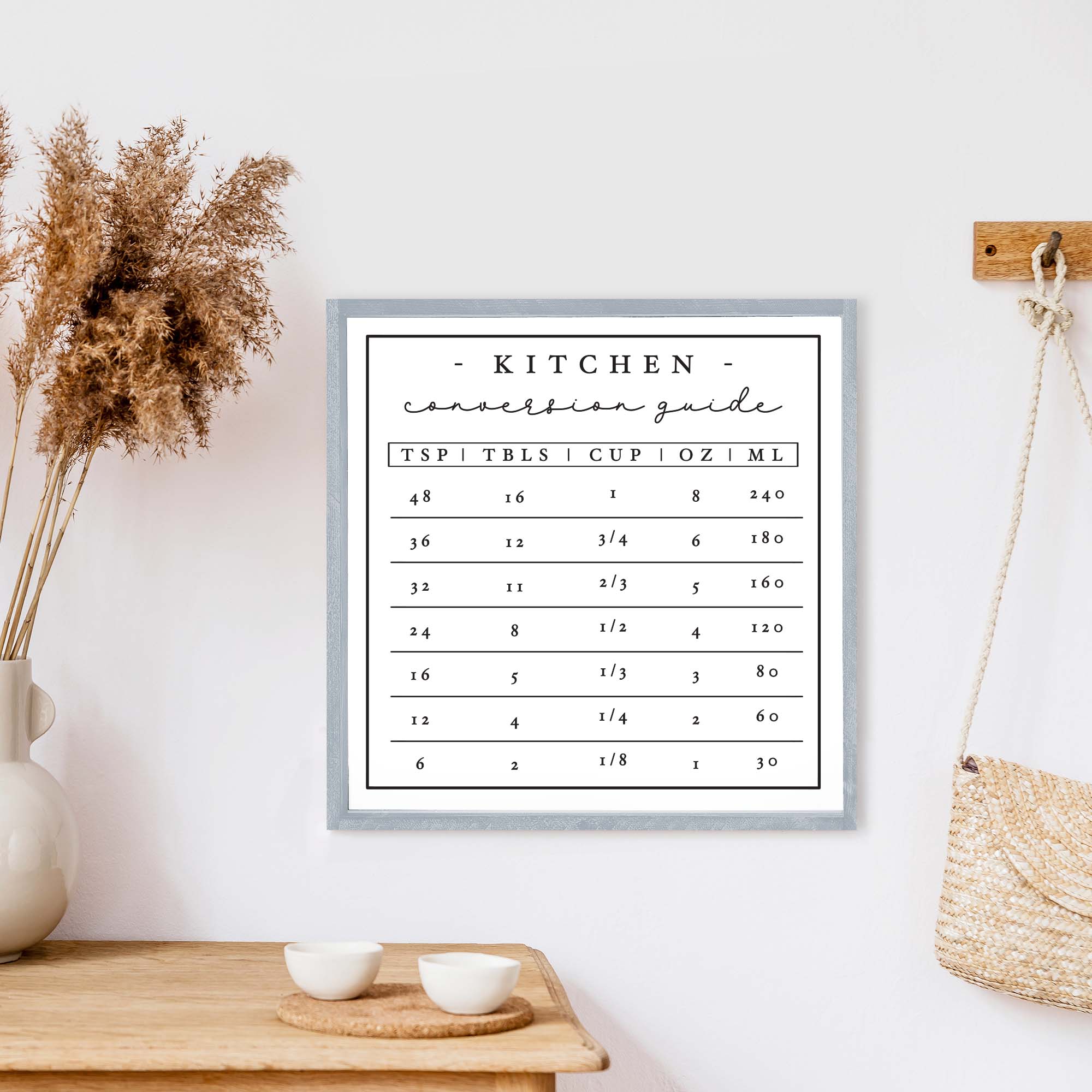 A beautifully crafted Kitchen Conversion Wood Sign measuring 13x13 inches, featuring a rustic wood stain finish on pine wood with waterproof black and white text.