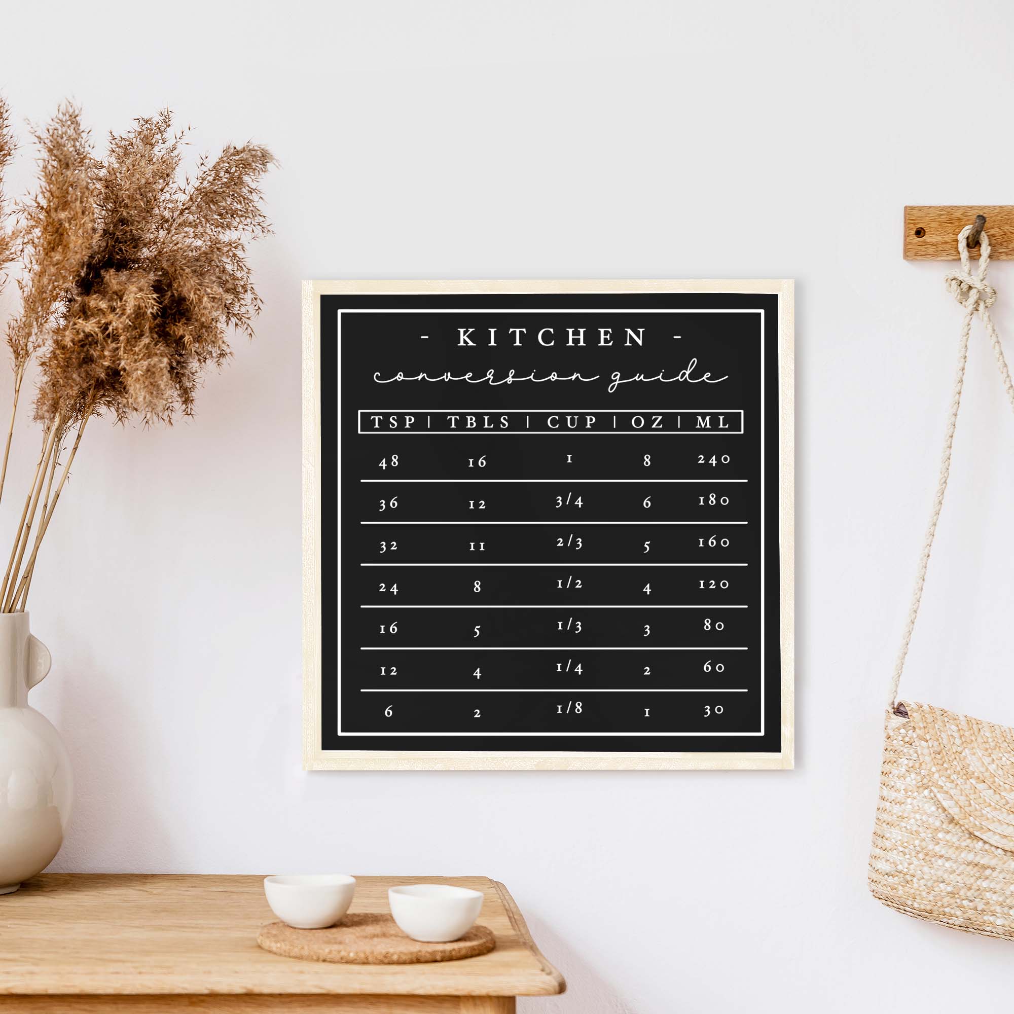 A beautifully crafted Kitchen Conversion Wood Sign measuring 13x13 inches, featuring a rustic wood stain finish on pine wood with waterproof black and white text.