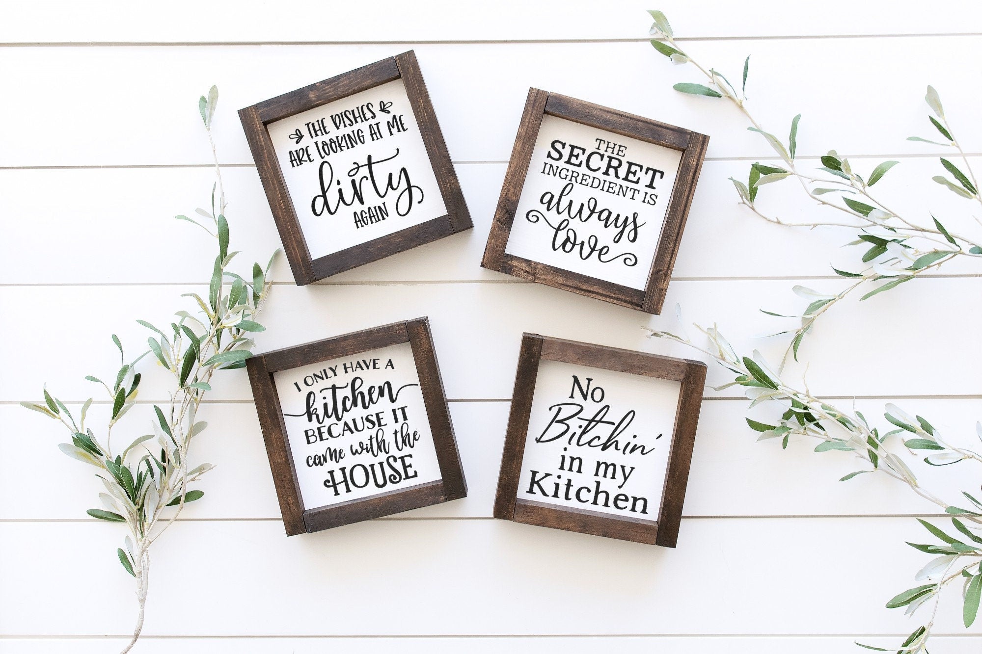 Handmade Kitchen Wood Signs in two sizes, featuring a matte white finish and unique wood grain patterns.