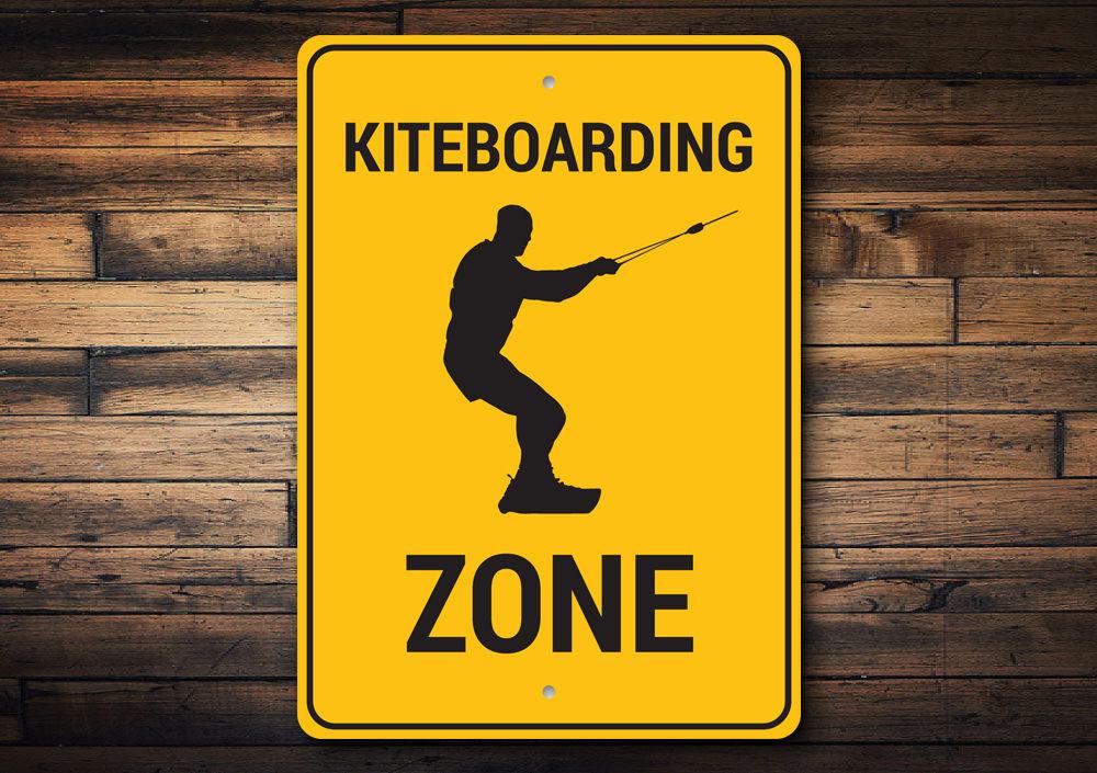 A vibrant Kiteboarding Zone Sign made of durable aluminum, featuring a beach-themed design perfect for coastal decor.