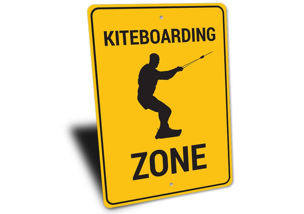 A vibrant Kiteboarding Zone Sign made of durable aluminum, featuring a beach-themed design perfect for coastal decor.