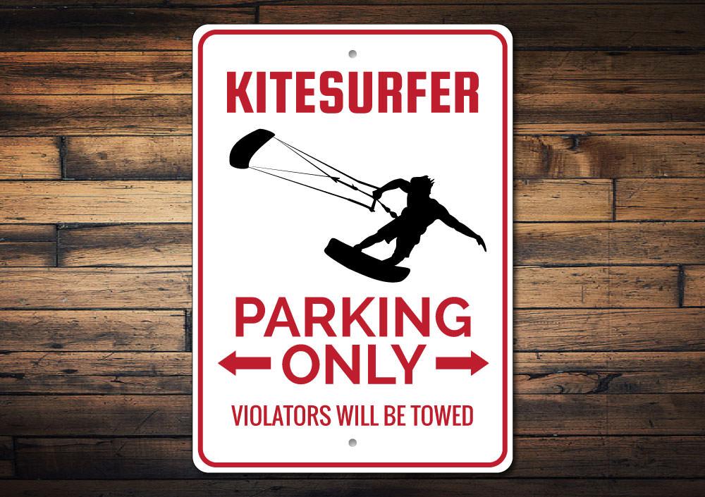 Kitesurfer Parking Sign made of durable aluminum, featuring vibrant colors and a beach-themed design, perfect for coastal decor.