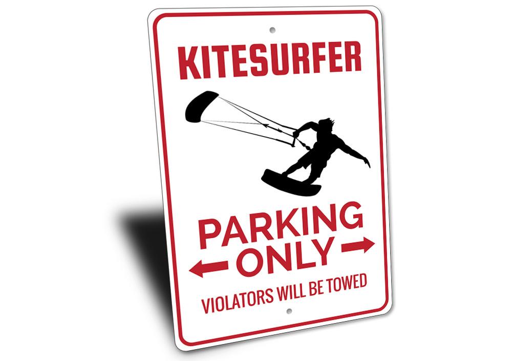 Kitesurfer Parking Sign made of durable aluminum, featuring vibrant colors and a beach-themed design, perfect for coastal decor.