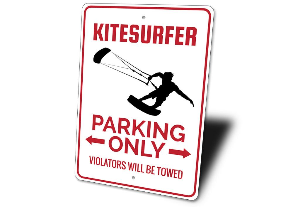 Kitesurfer Parking Sign made of durable aluminum, featuring vibrant colors and a beach-themed design, perfect for coastal decor.