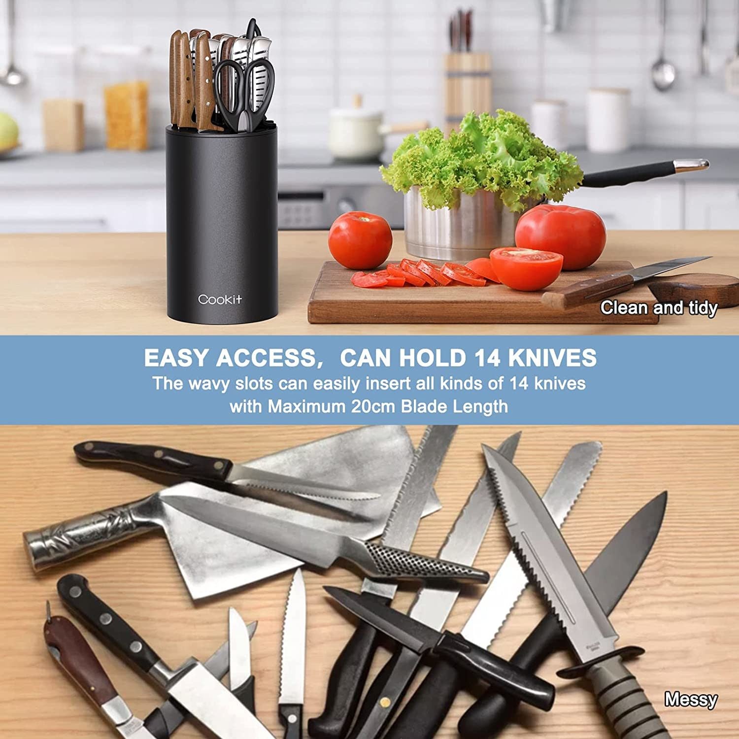 Knife holder comparison: organized vs. messy.