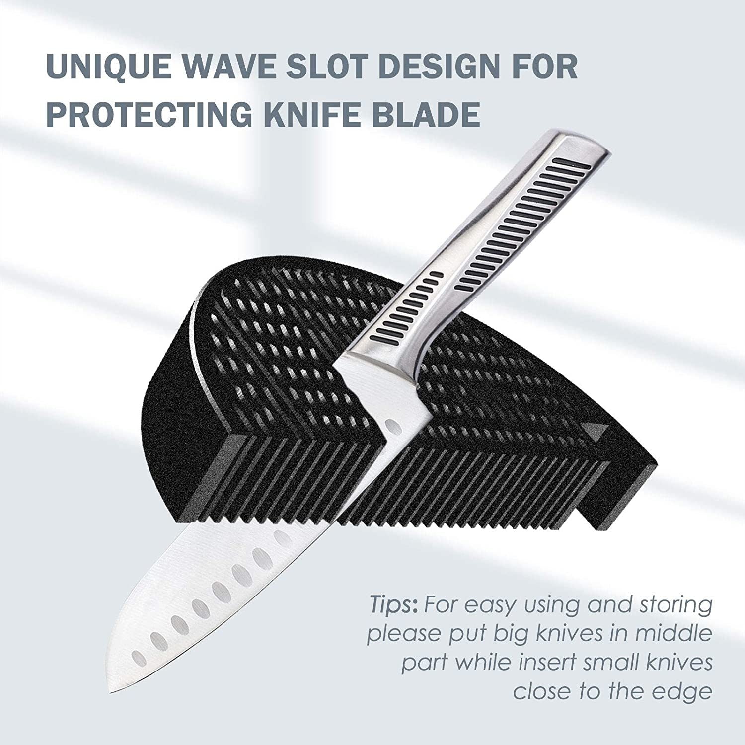 Knife blade protector with wave slots.