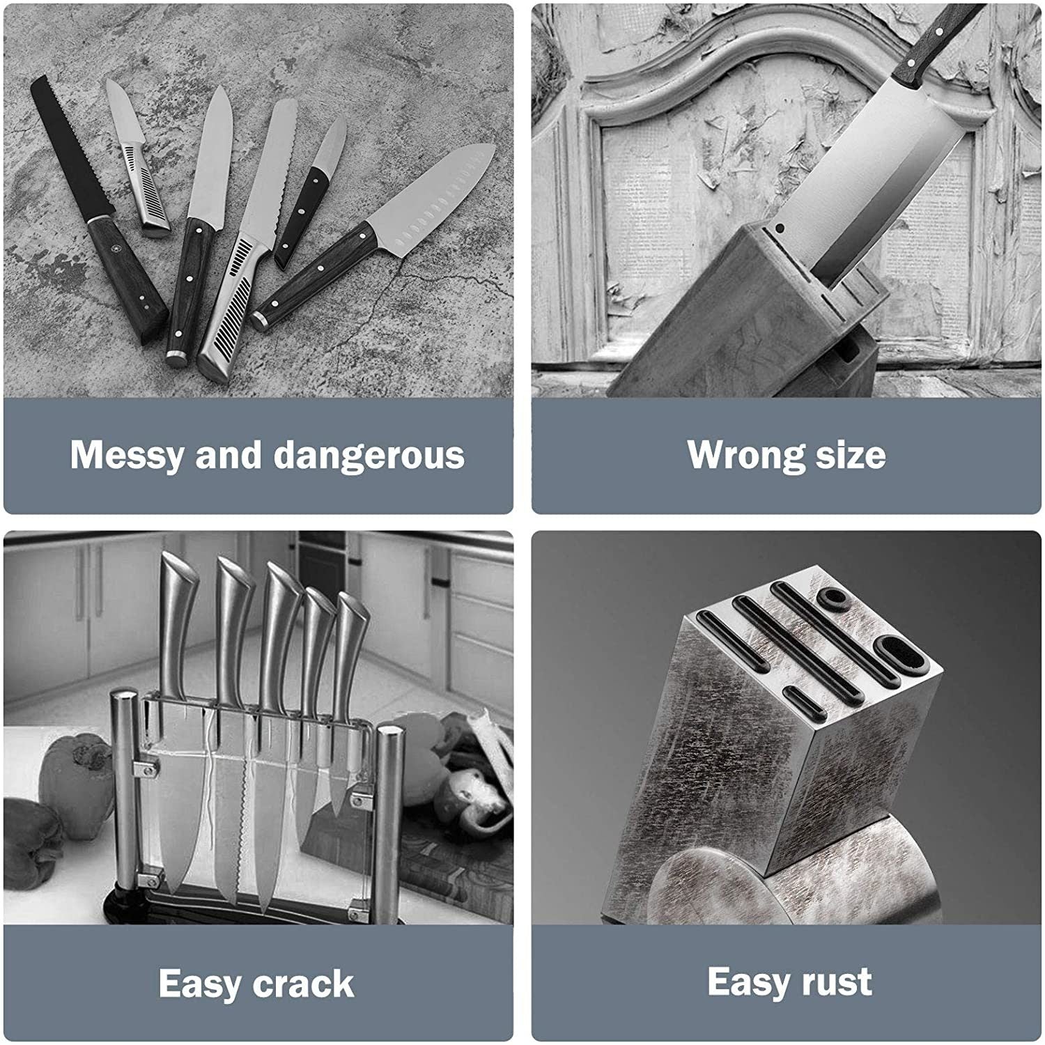 Examples of poor knife storage solutions.