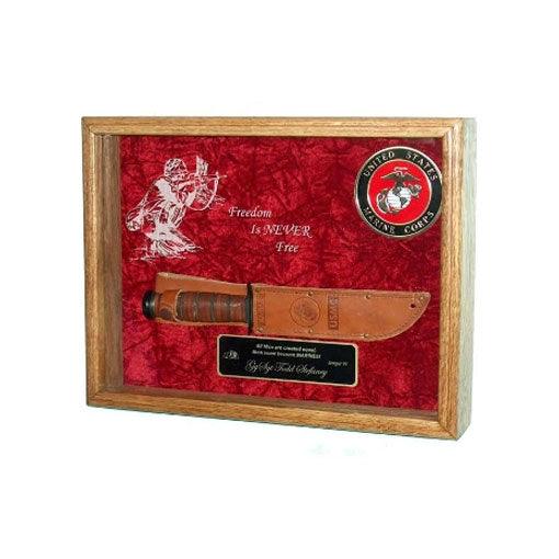 Knife Display Case made of solid oak with crushed velvet background, featuring engraved soldiers, suitable for displaying military memorabilia.