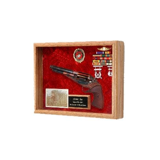 Knife or Pistol Display Case featuring solid hardwood, glass front, and crushed velvet background.