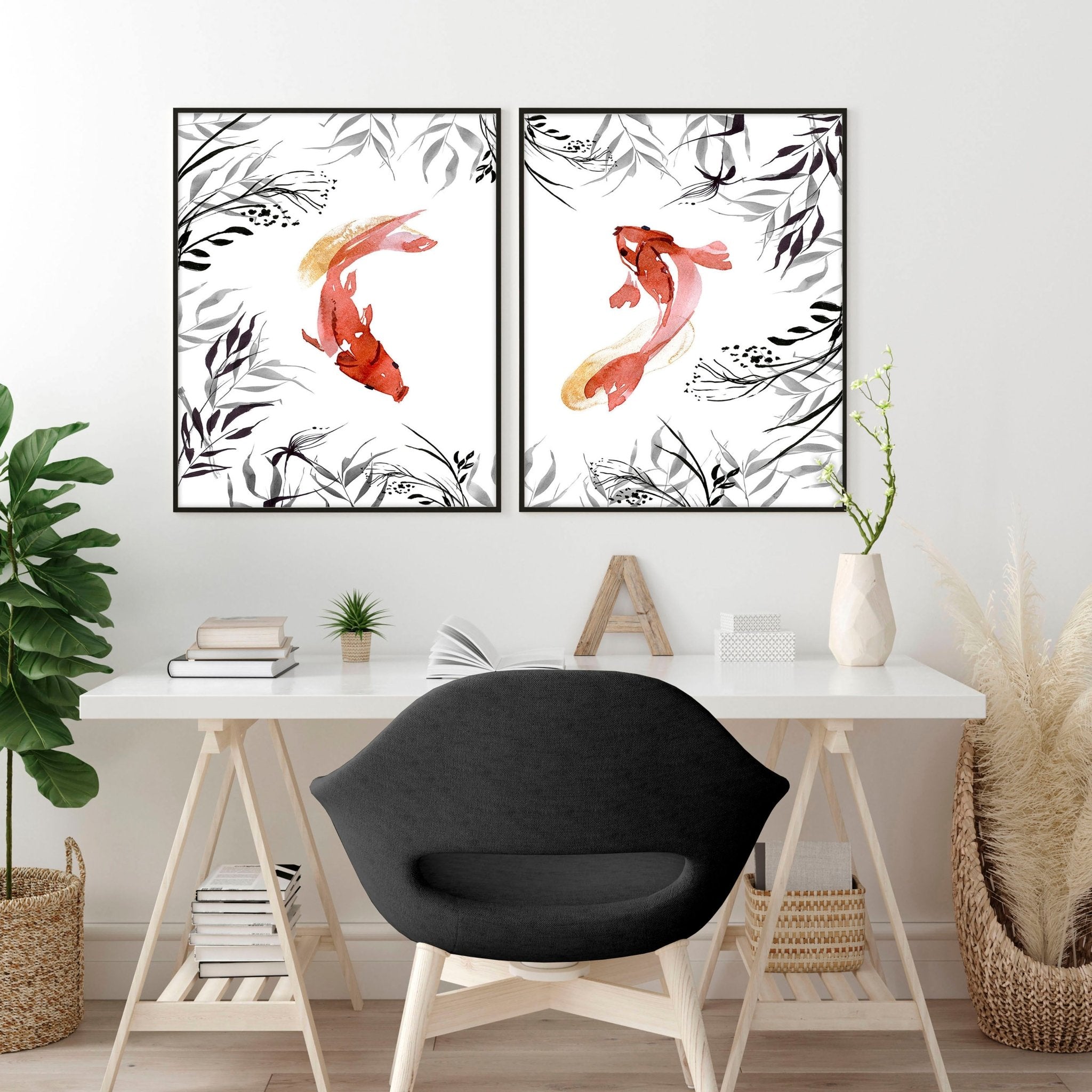 Set of 2 wall art prints featuring elegant Koi fish in Grey, Black, and Coral Red tones, perfect for office decor.