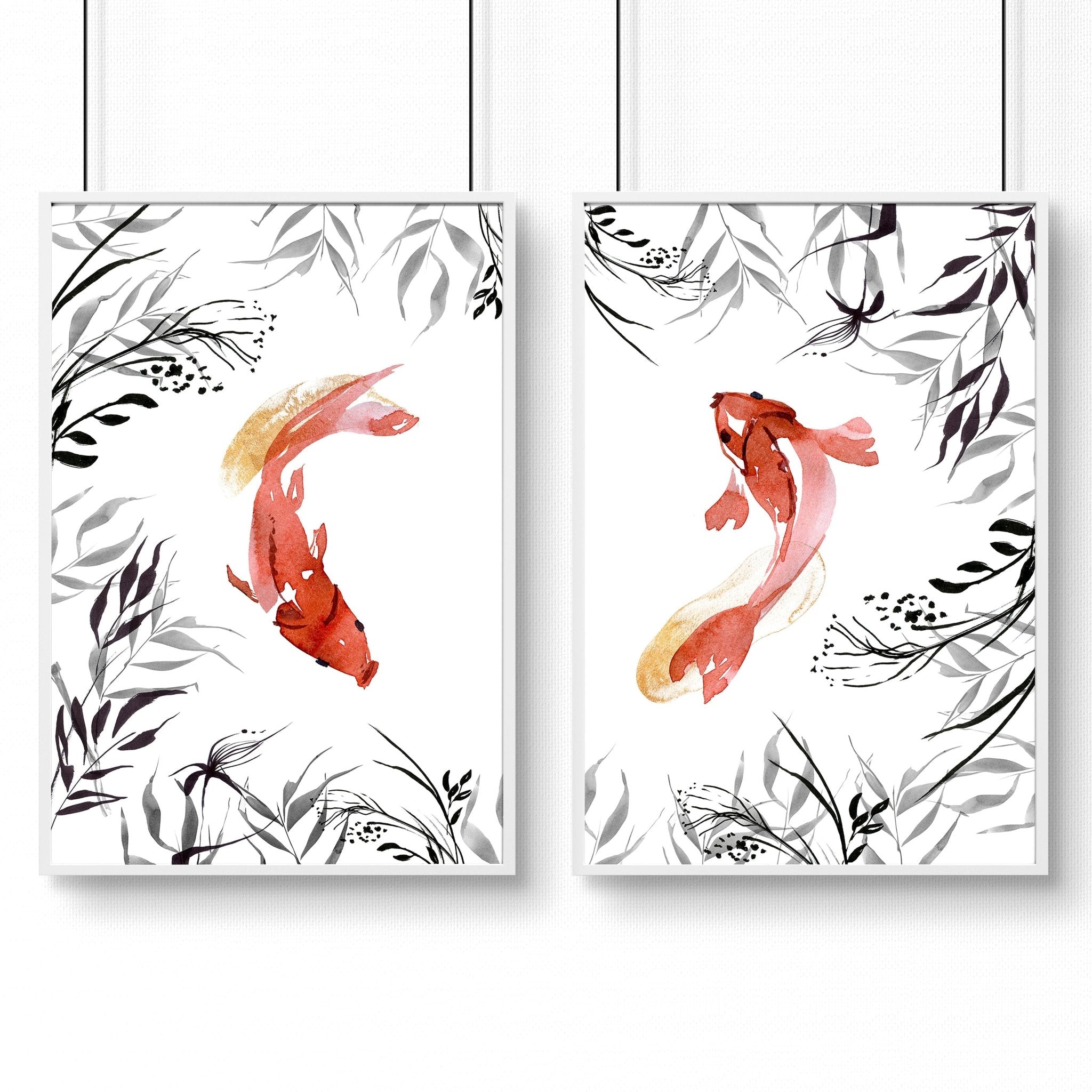 Set of 2 wall art prints featuring elegant Koi fish in Grey, Black, and Coral Red tones, perfect for office decor.