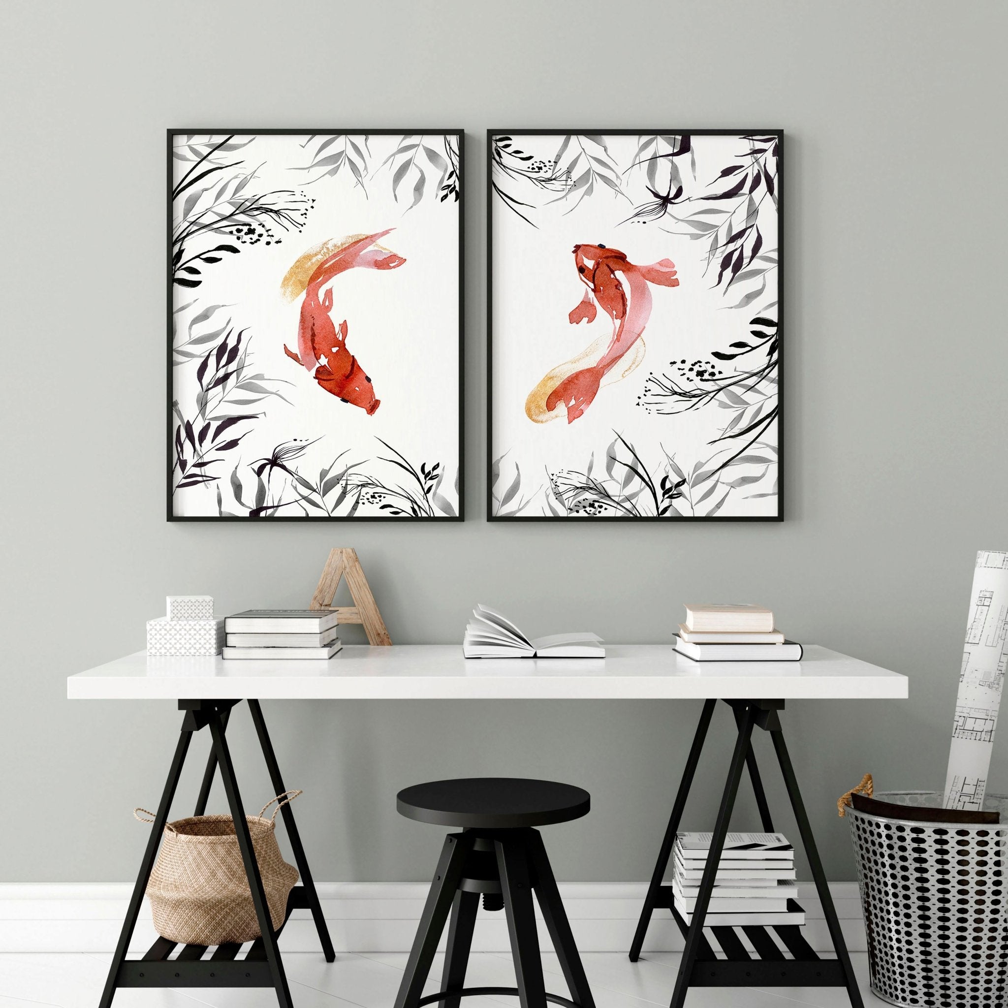 Set of 2 wall art prints featuring elegant Koi fish in Grey, Black, and Coral Red tones, perfect for office decor.