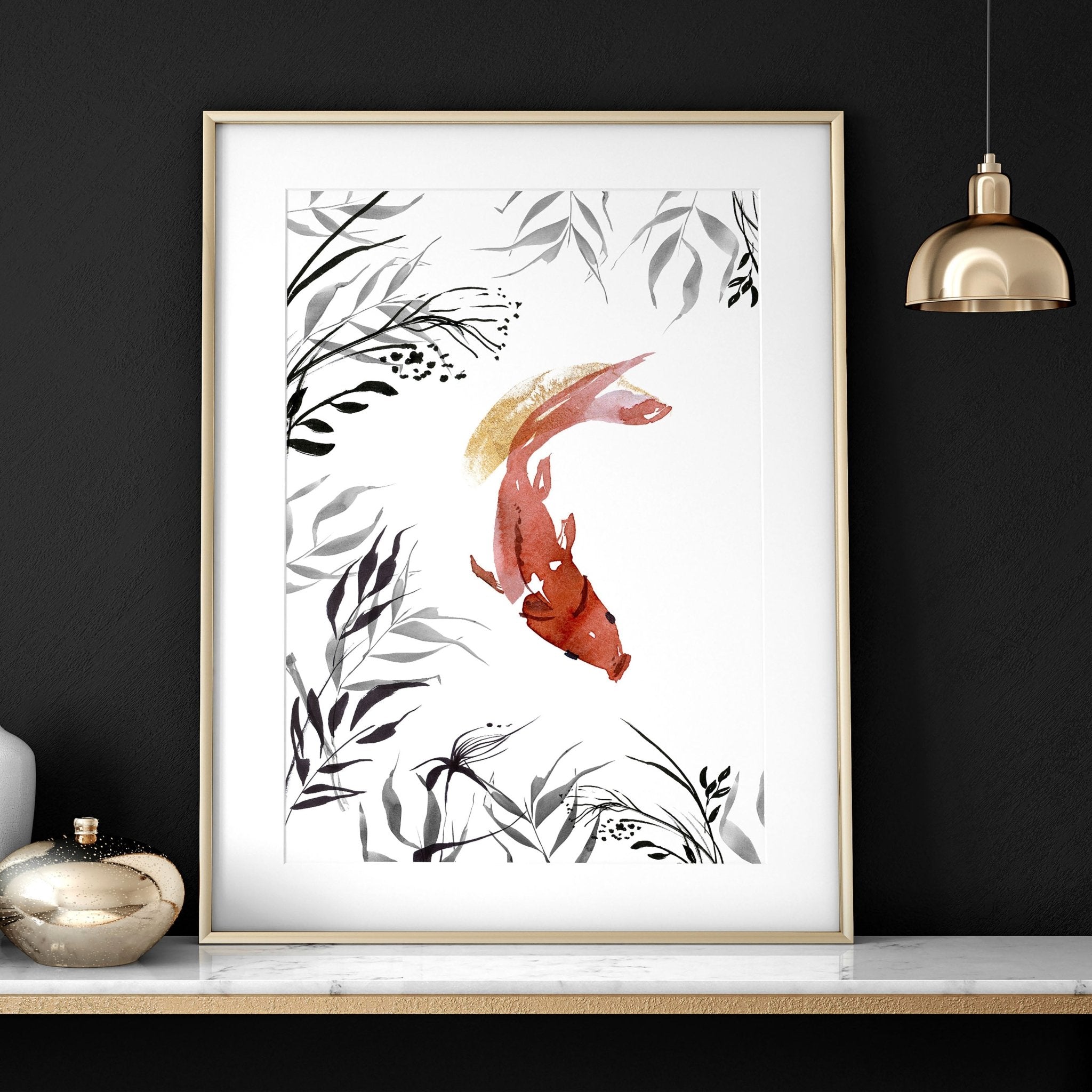 Set of 2 wall art prints featuring elegant Koi fish in Grey, Black, and Coral Red tones, perfect for office decor.