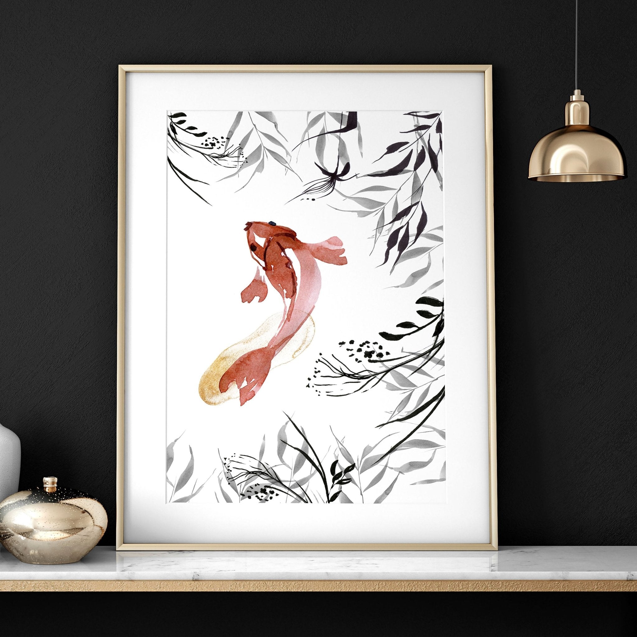 Set of 2 wall art prints featuring elegant Koi fish in Grey, Black, and Coral Red tones, perfect for office decor.