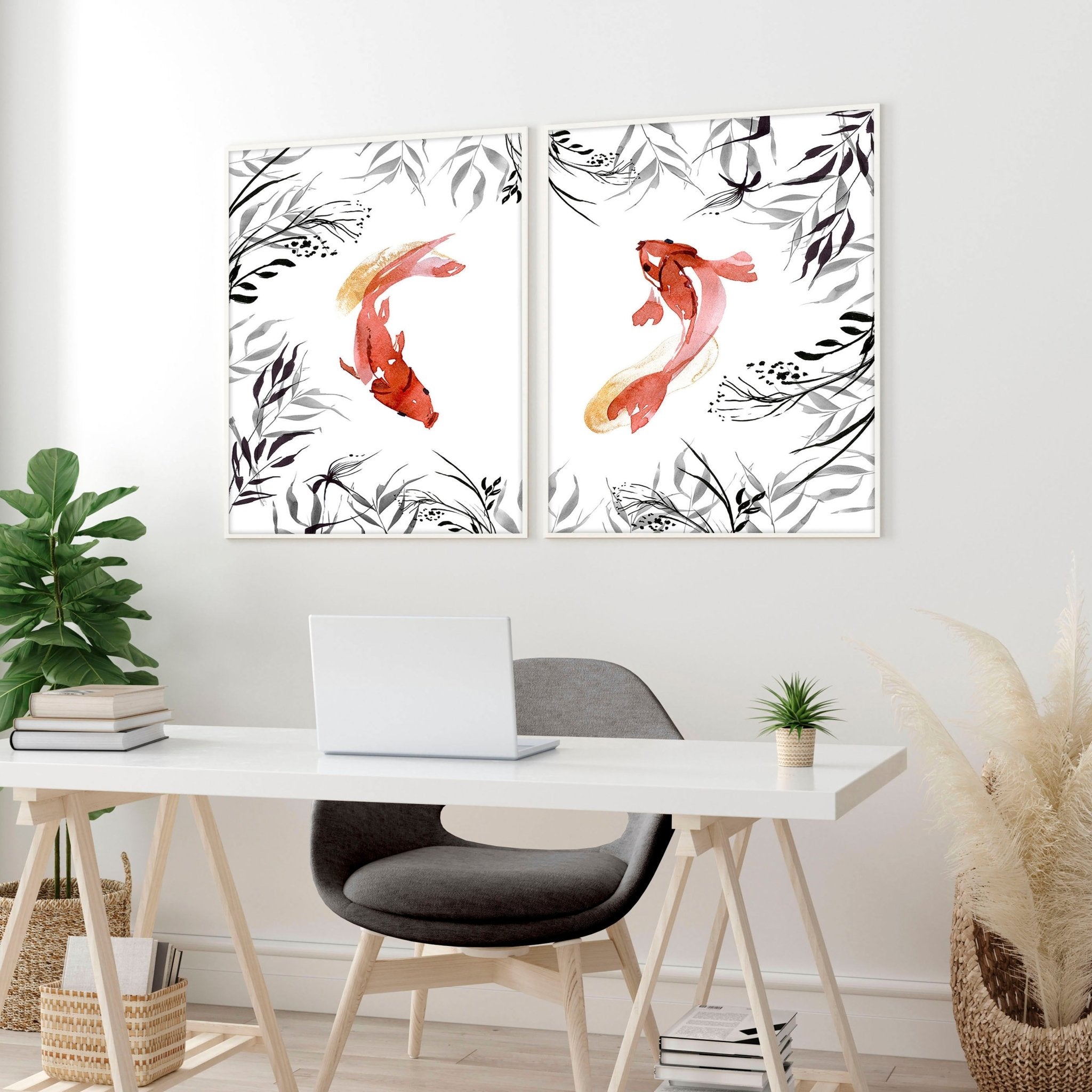 Set of 2 wall art prints featuring elegant Koi fish in Grey, Black, and Coral Red tones, perfect for office decor.