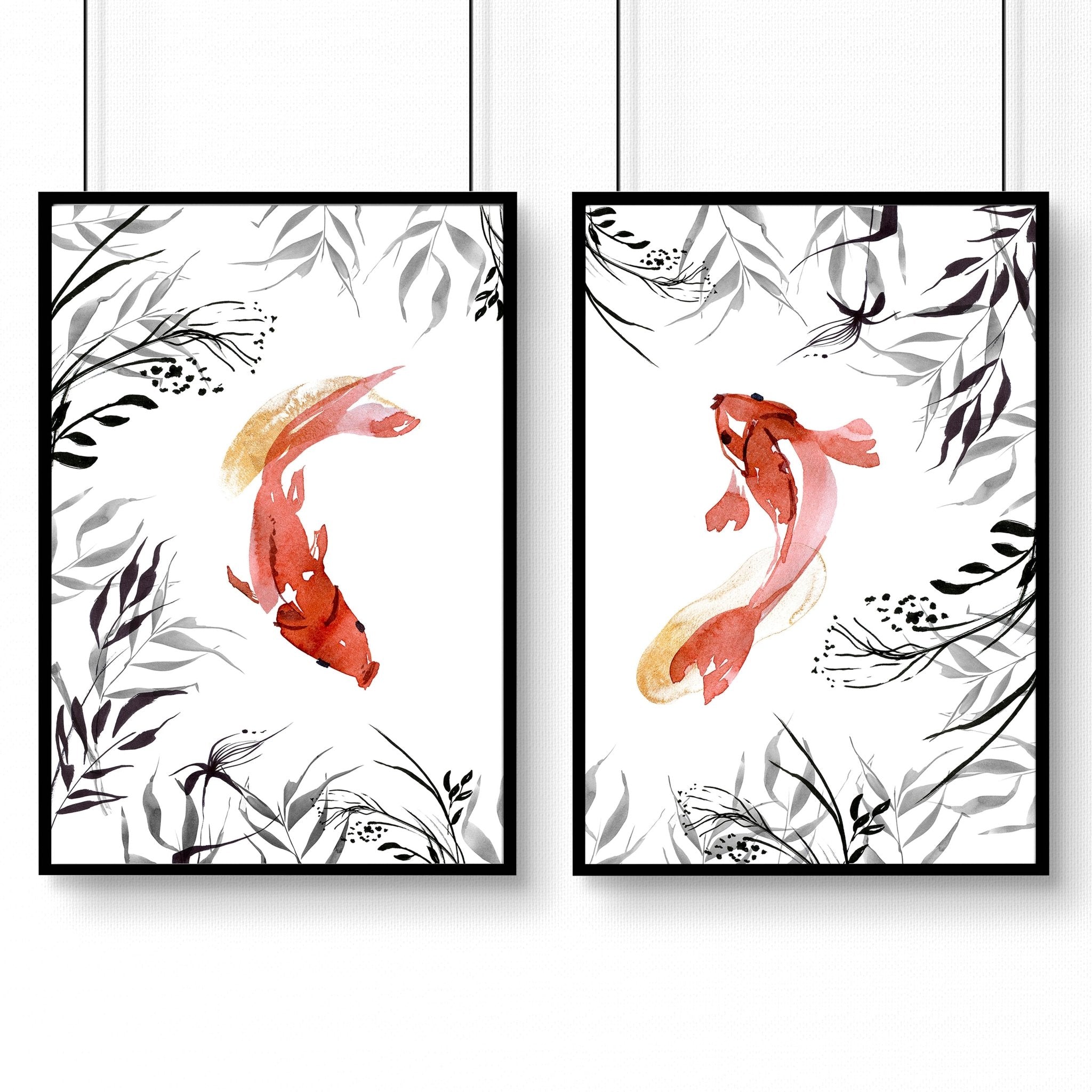 Set of 2 wall art prints featuring elegant Koi fish in Grey, Black, and Coral Red tones, perfect for office decor.