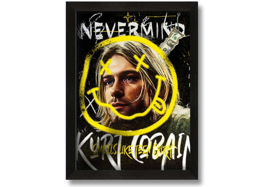 Kurt Cobain Smile art print on coated polyester canvas, mounted on a 44mm box frame, ready to hang.