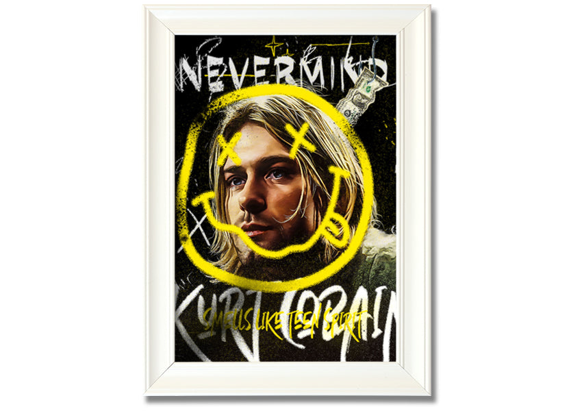 Kurt Cobain Smile art print on coated polyester canvas, mounted on a 44mm box frame, ready to hang.