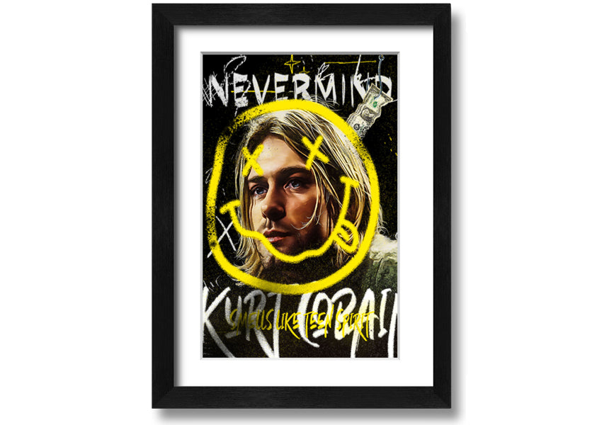 Kurt Cobain Smile art print on coated polyester canvas, mounted on a 44mm box frame, ready to hang.